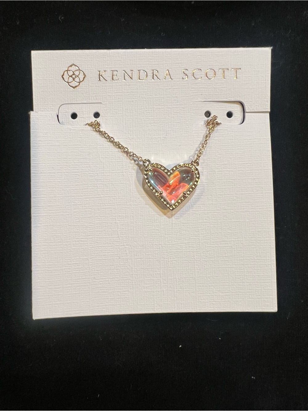 Kendra Scott Ari Heart Gold Necklace with Iridescent Pink-Orange Center